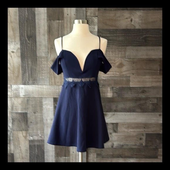 A’gaci navy fit and flare dress medium cold shoulder lace sexy cocktail party - Picture 1 of 12